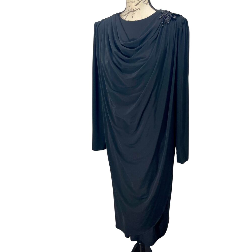 Vintage 80s Claudia Cooper Midi Dress Black Sequin Shoulder Draped Size 16 Glam